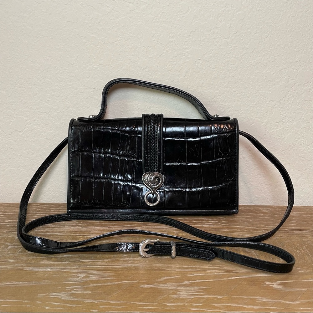 Brighton Crossbody Organizer or Clutch Black Leather Croc Design